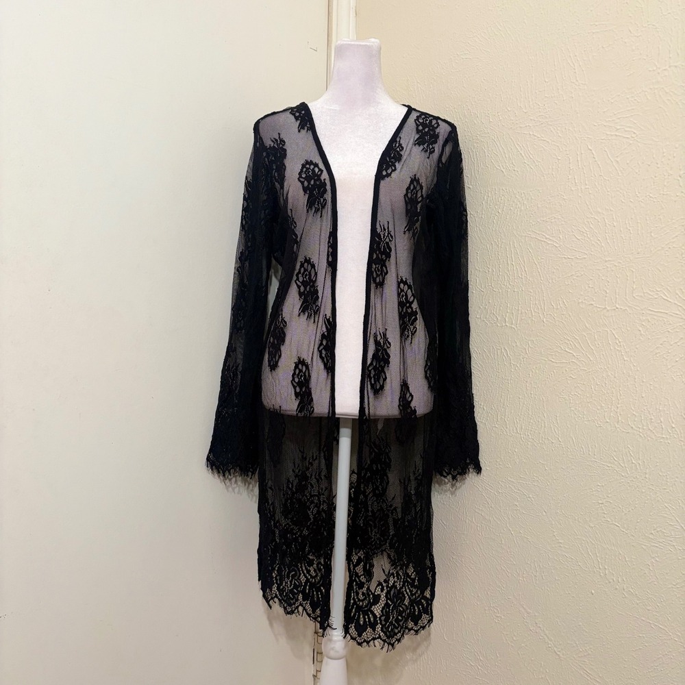 Black Floral Lace Long Sleeve Duster Cardigan Open Front Sheer Mesh Whimsigoth L